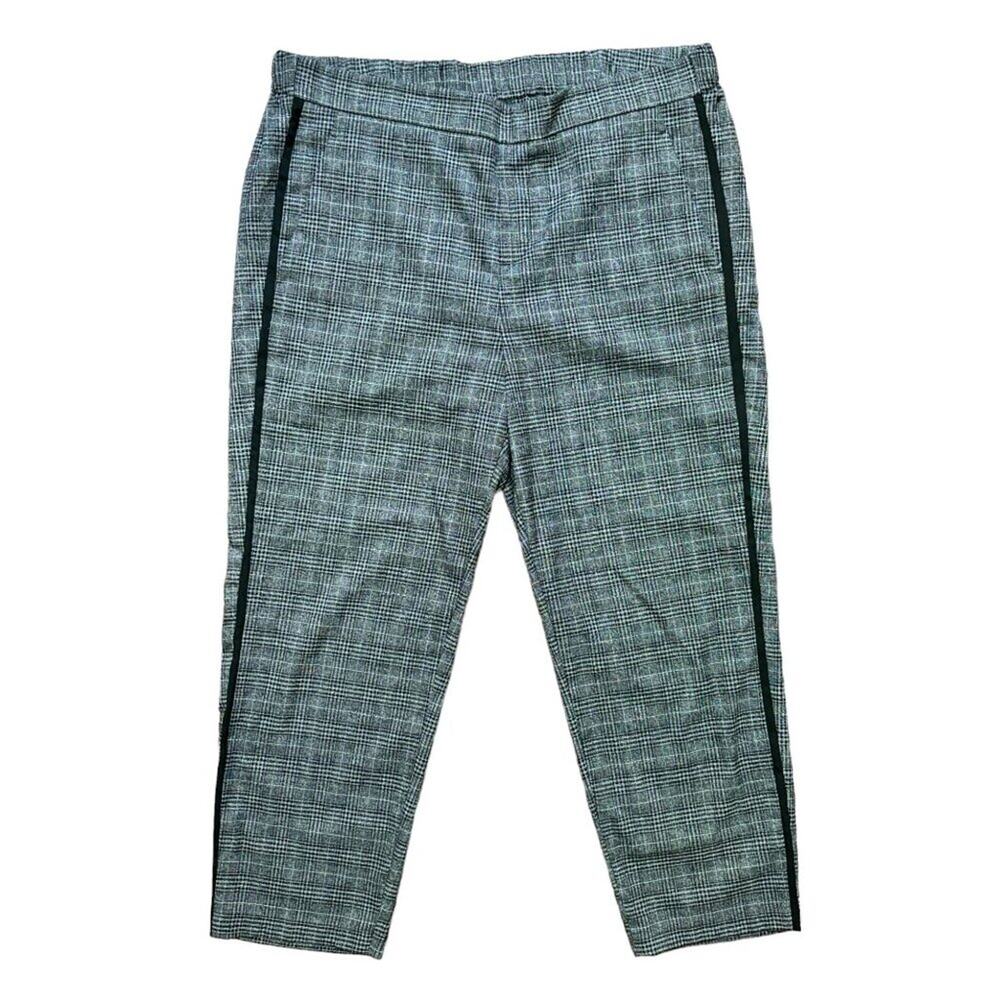 OLD NAVY Glen Plaid Side-Stripe Cropped Pull On Trouser Pants Gray SZ 14